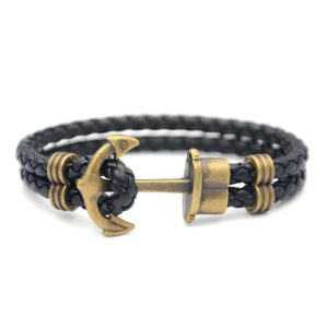 Bracelet ancre homme cuir tressé noir