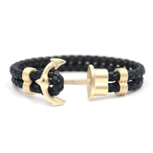 Bracelet ancre homme cuir tressé noir et or