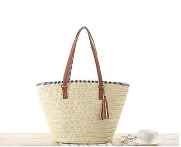 Sac de Plage Tressé en Paille avec Bandoulière en Cuir PU